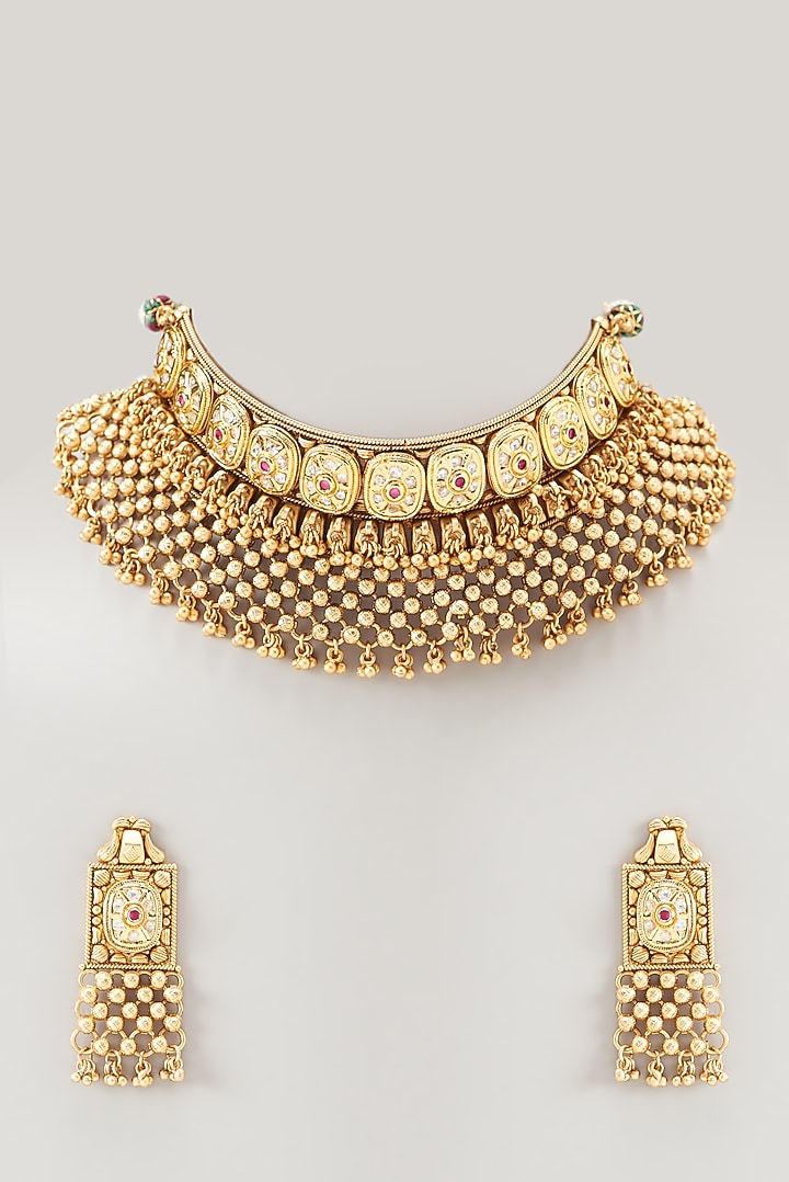 Gold Finish Golden Beaded Temple Choker Necklace Set by VASTRAA Jewellery at Pernia's Pop Up Shop