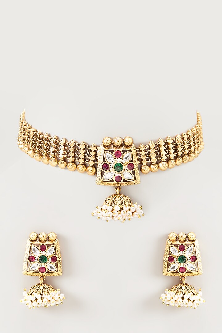 Gold Finish Golden Beaded Temple Choker Necklace Set by VASTRAA Jewellery at Pernia's Pop Up Shop
