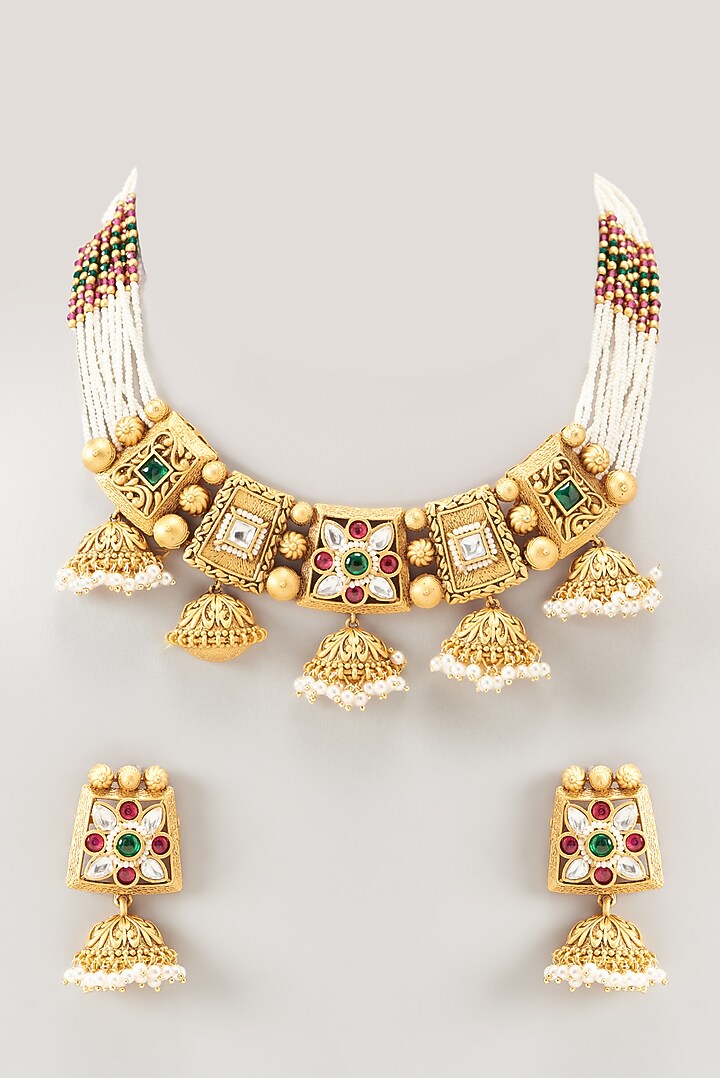 Gold Finish Kundan Polki Temple Necklace Set by VASTRAA Jewellery at Pernia's Pop Up Shop