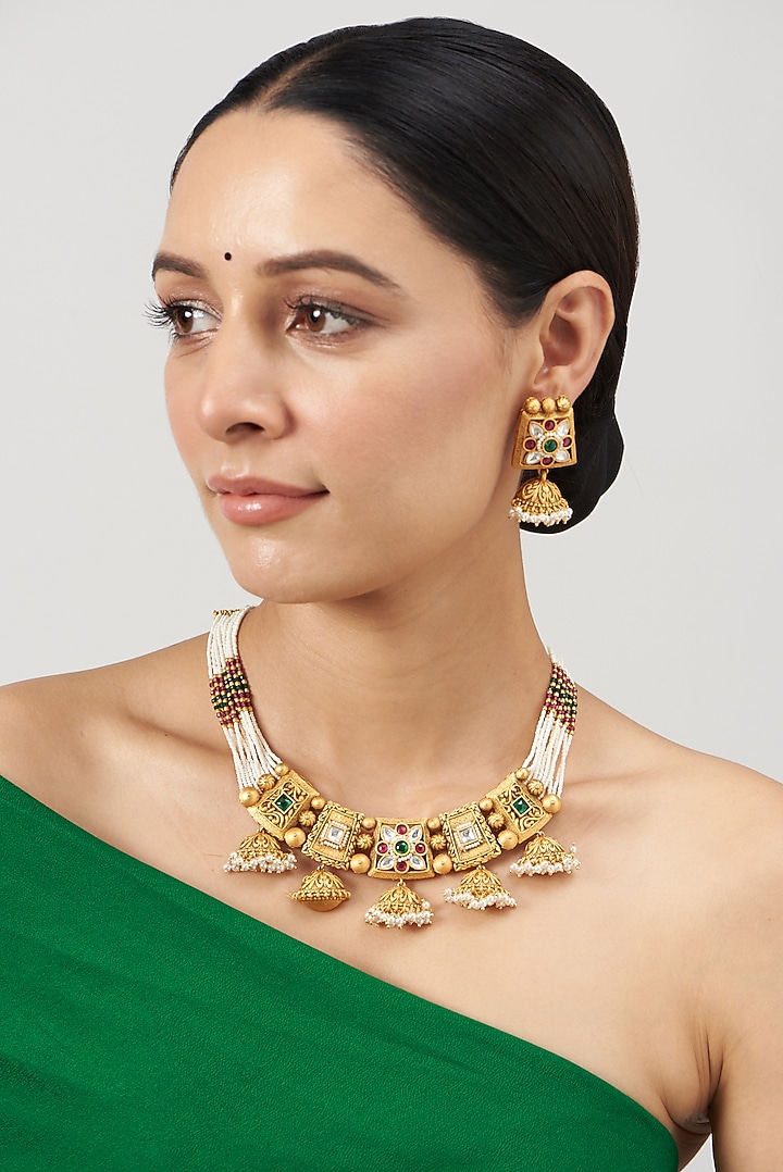 Gold Finish Kundan Polki Temple Necklace Set by VASTRAA Jewellery at Pernia's Pop Up Shop