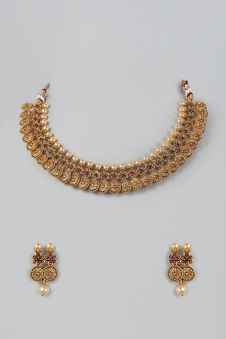 Gold Finish Multi-Colored Stone Temple Necklace Set by VASTRAA Jewellery at Pernia's Pop Up Shop
