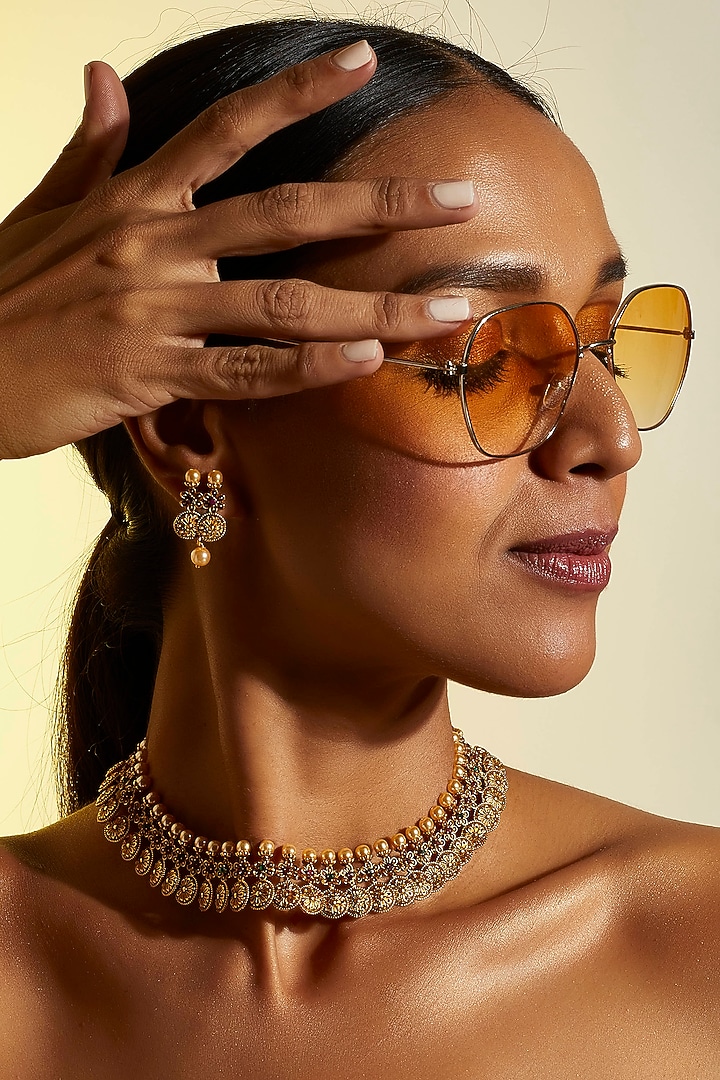Gold Finish Multi-Colored Stone Temple Necklace Set by VASTRAA Jewellery at Pernia's Pop Up Shop