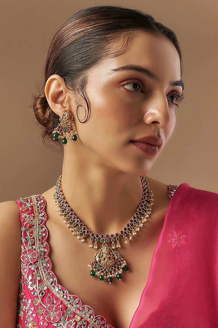 Gold Finish Kundan Polki & Multi-Colored Stone Long Necklace Set by VASTRAA Jewellery