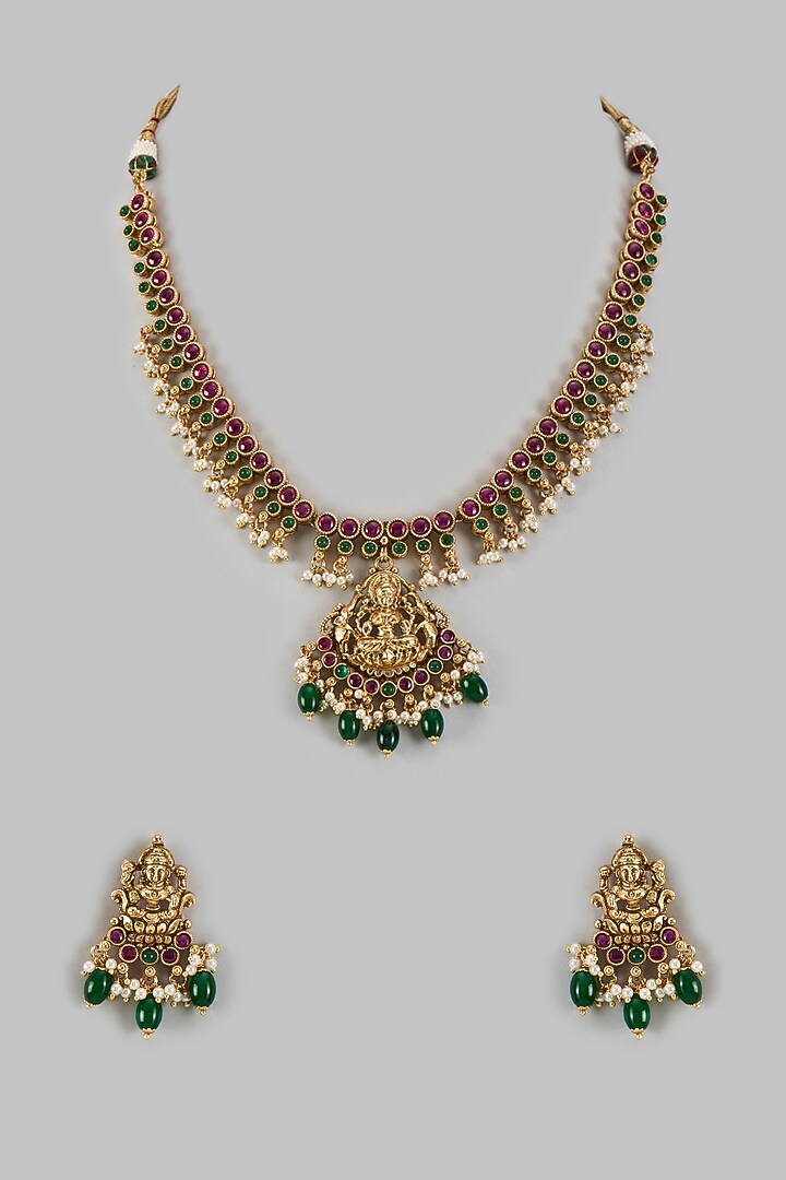 Gold Finish Kundan Polki & Multi-Colored Stone Long Necklace Set by VASTRAA Jewellery at Pernia's Pop Up Shop