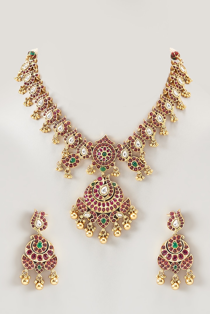 Gold Finish Temple Necklace Set by VASTRAA Jewellery at Pernia's Pop Up Shop
