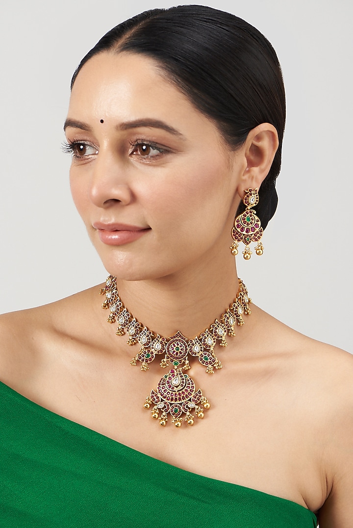 Gold Finish Temple Necklace Set by VASTRAA Jewellery at Pernia's Pop Up Shop