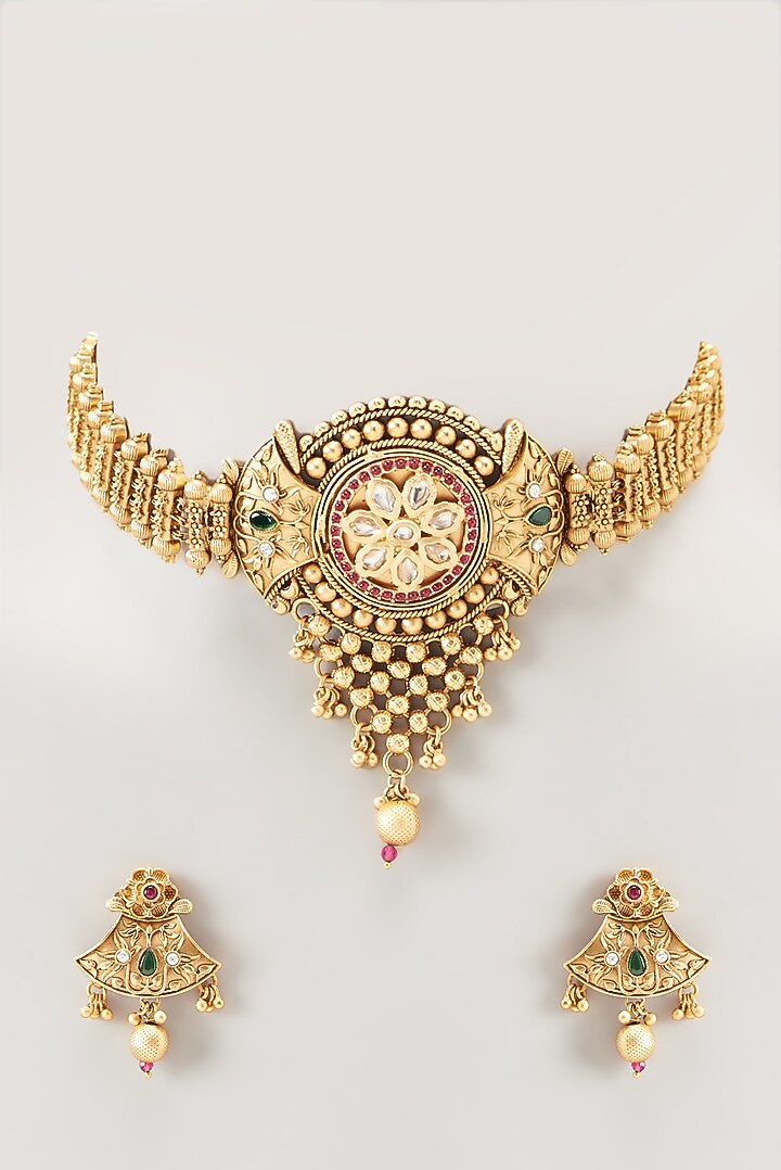 Gold Finish Gold Beaded Temple Choker Necklace Set by VASTRAA Jewellery at Pernia's Pop Up Shop