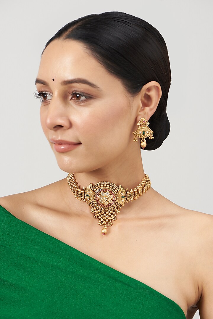 Gold Finish Gold Beaded Temple Choker Necklace Set by VASTRAA Jewellery