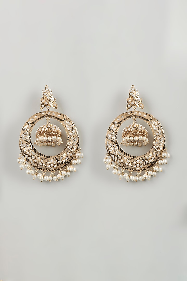 Gold Finish Kundan Polki & Beaded Dangler Earrings by VASTRAA Jewellery at Pernia's Pop Up Shop