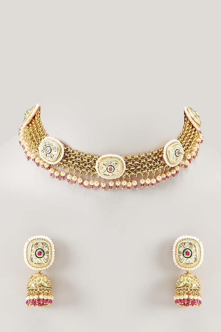 Gold Finish Pearl & Golden Beaded Temple Choker Necklace Set by VASTRAA Jewellery at Pernia's Pop Up Shop