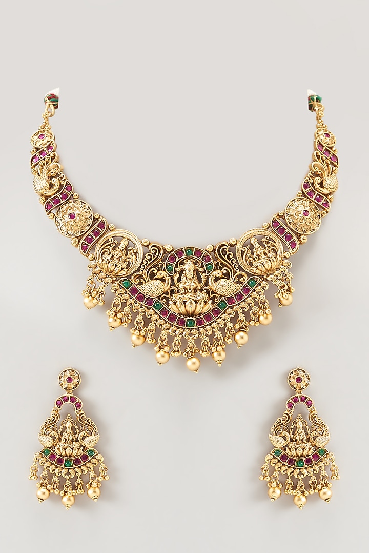 Gold Finish Pearl & Synthetic Stone Temple Necklace Set by VASTRAA Jewellery at Pernia's Pop Up Shop