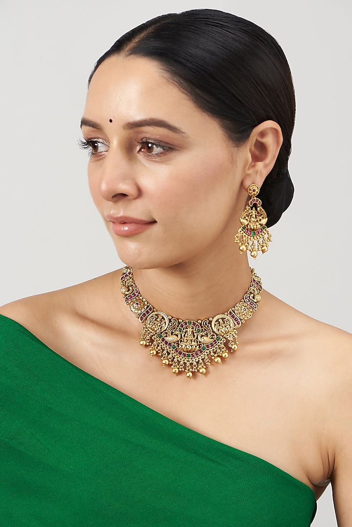 Gold Finish Pearl & Synthetic Stone Temple Necklace Set by VASTRAA Jewellery at Pernia's Pop Up Shop