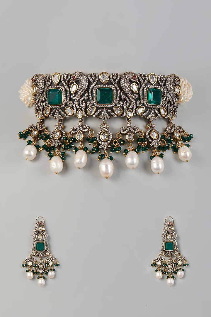 Two Tone Finish Kundan Polki & Pearl Choker Necklace Set by VASTRAA Jewellery at Pernia's Pop Up Shop