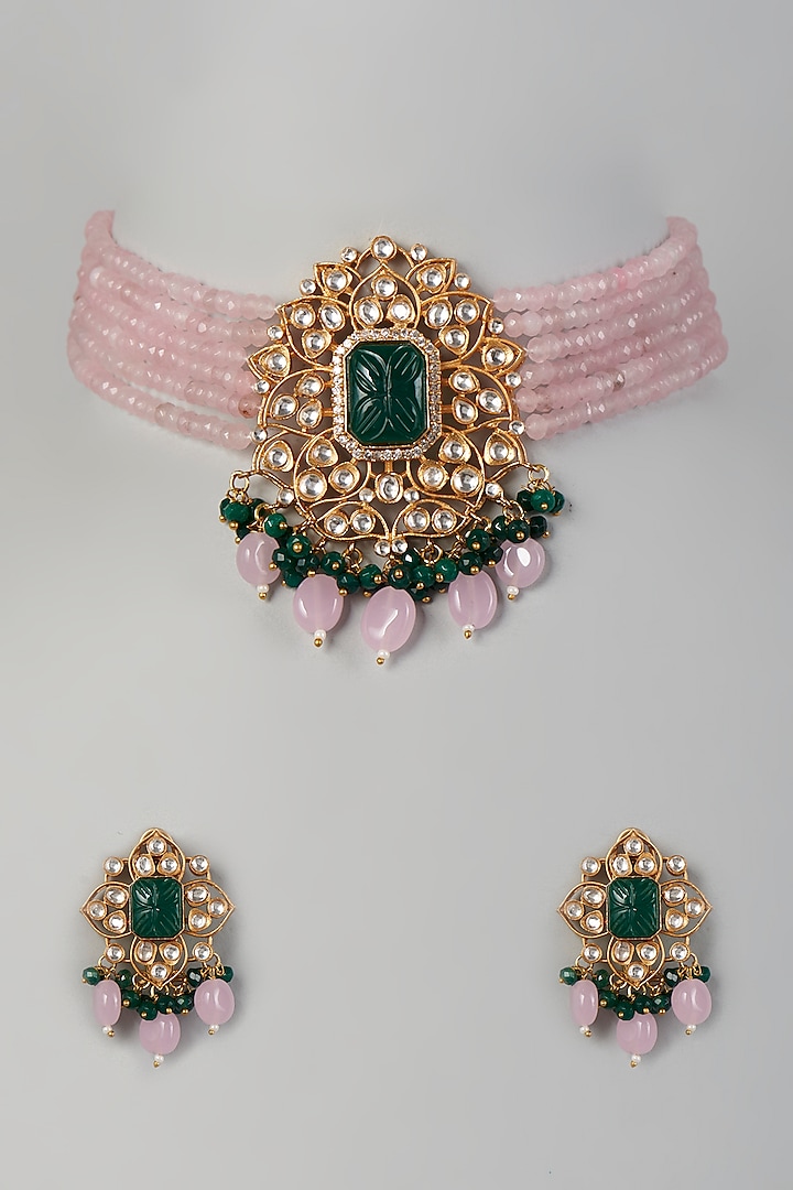 Gold Finish Kundan Polki Choker Necklace Set by VASTRAA Jewellery