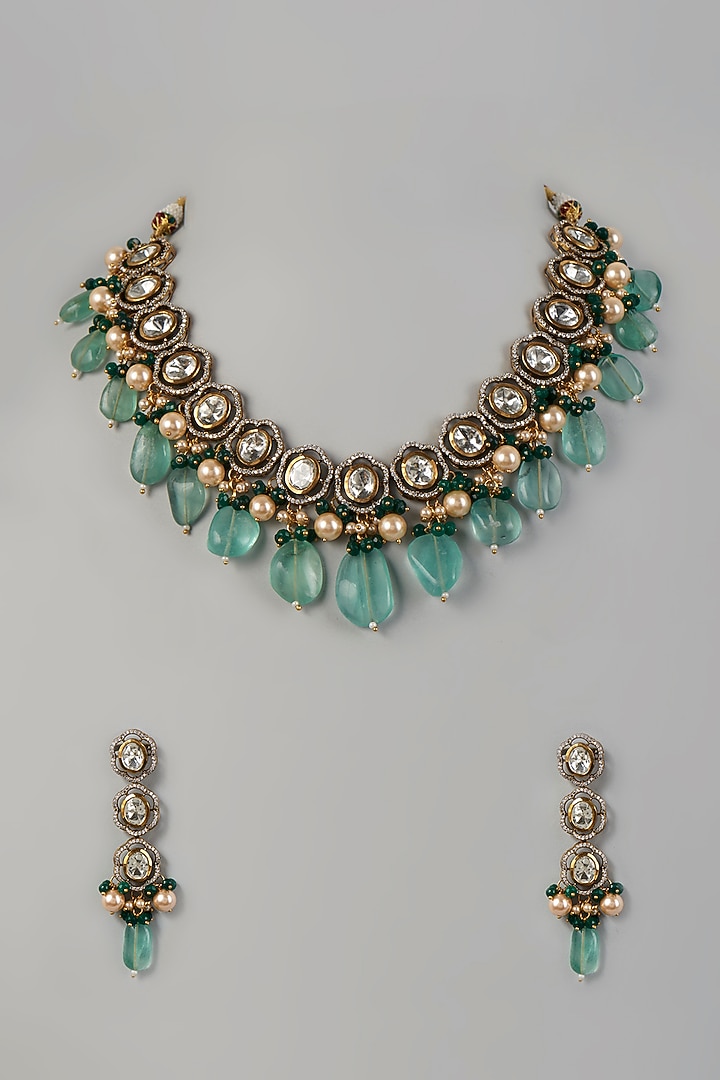 Two Tone Finish Kundan Polki & Pearl Necklace Set by VASTRAA Jewellery at Pernia's Pop Up Shop