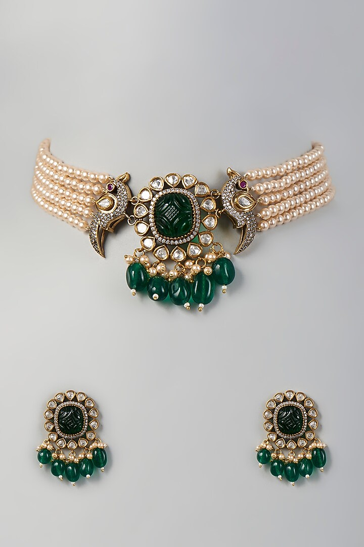 Two Tone Finish Kundan Polki & Pearl Choker Necklace Set by VASTRAA Jewellery at Pernia's Pop Up Shop