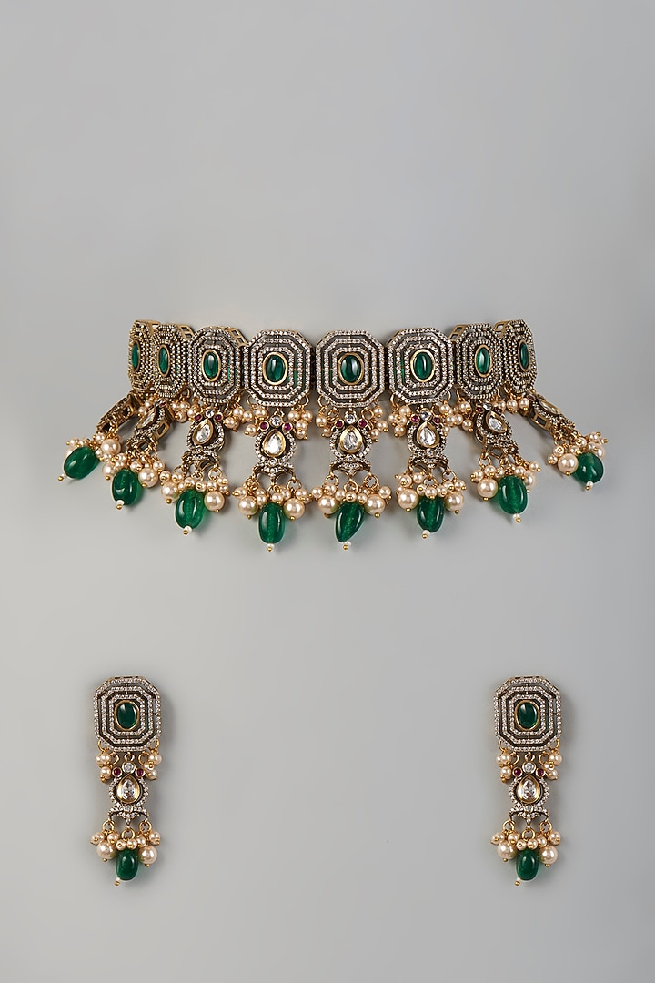 Two Tone Finish Green Stone & Kundan Polki Necklace Set by VASTRAA Jewellery at Pernia's Pop Up Shop