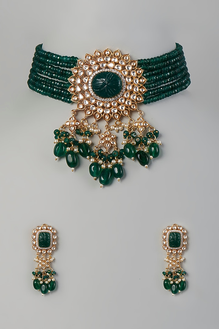 Gold Finish Green Stone & Kundan Polki Choker Necklace Set by VASTRAA Jewellery at Pernia's Pop Up Shop