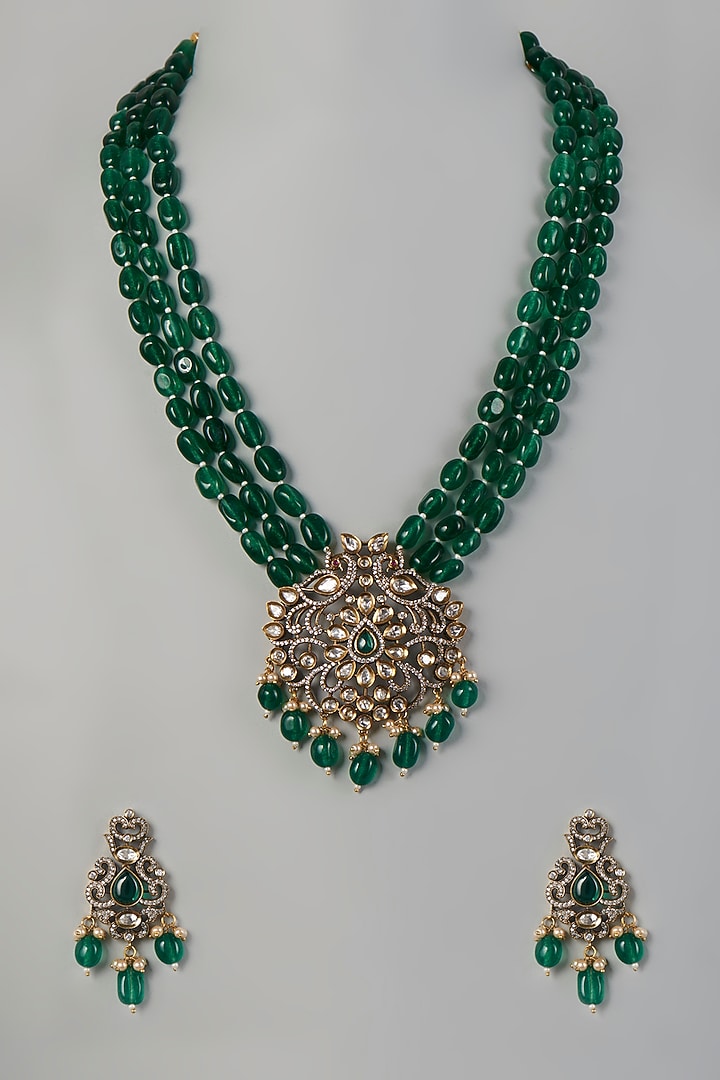 Two Tone Finish Green Stone & Pearl Long Necklace Set by VASTRAA Jewellery at Pernia's Pop Up Shop