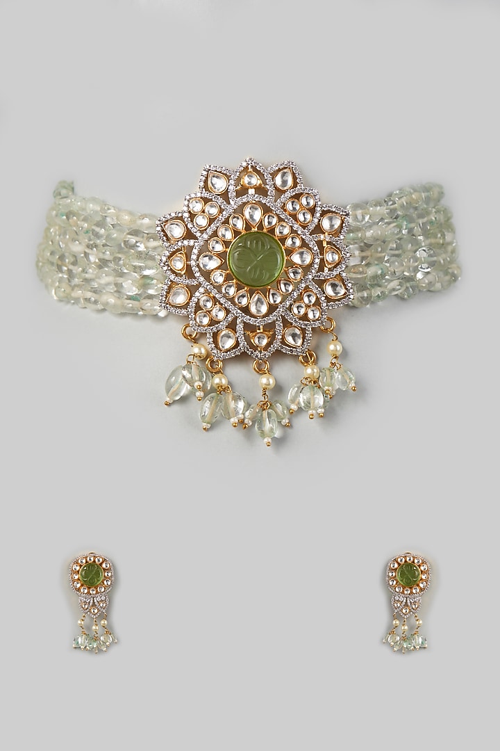Two Tone Finish Kundan Polki & Aqua Stone Choker Necklace Set by VASTRAA Jewellery at Pernia's Pop Up Shop