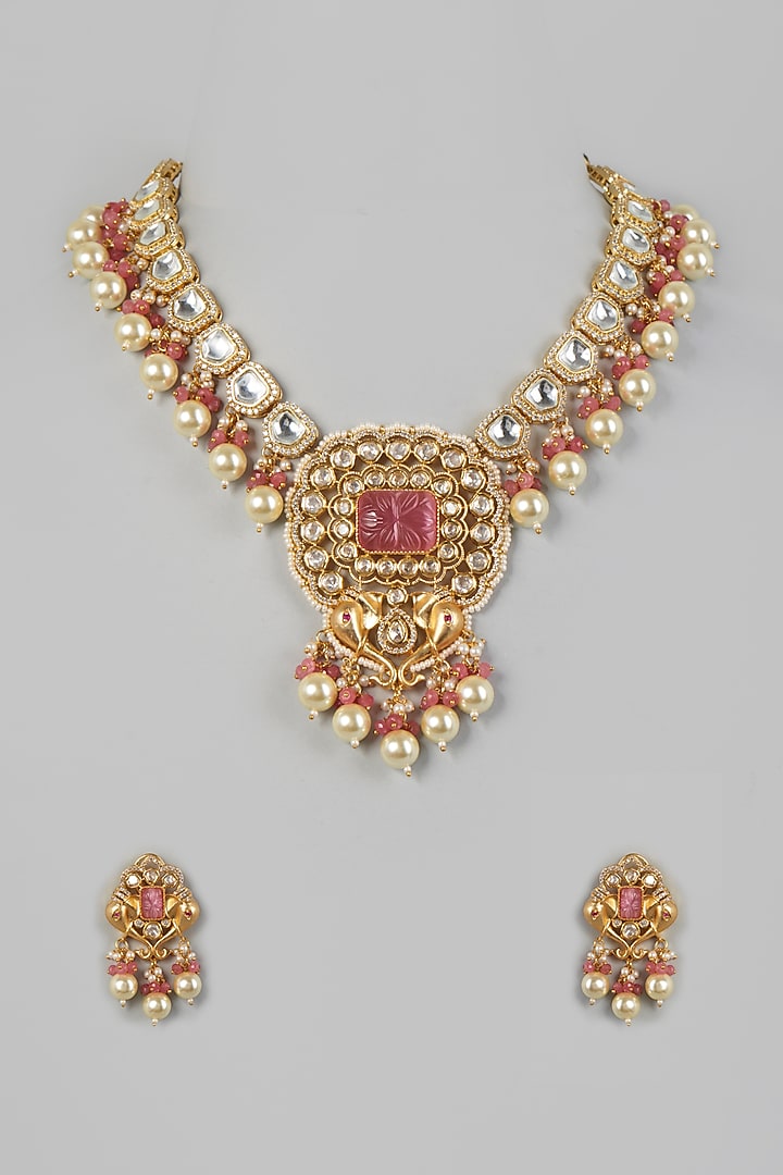 Gold Finish Kundan Polki & Pearl Necklace Set by VASTRAA Jewellery at Pernia's Pop Up Shop