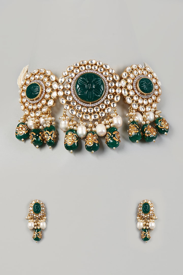 Gold Finish Kundan Polki & Pearl Choker Necklace Set by VASTRAA Jewellery at Pernia's Pop Up Shop