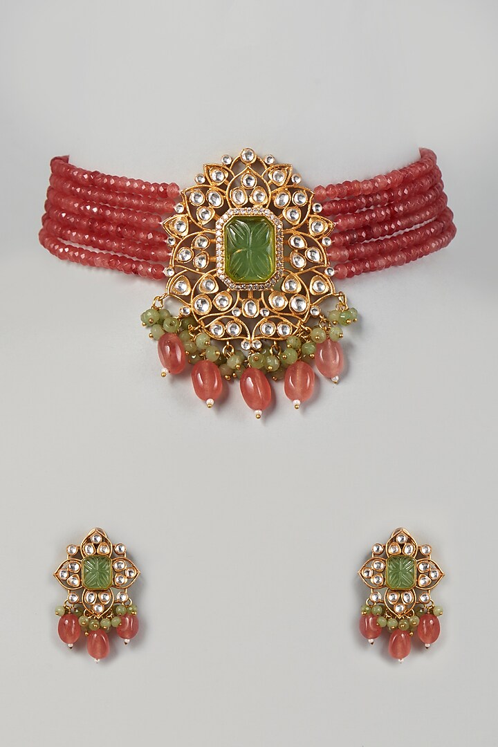 Gold Finish Kundan Polki & Green Stone Choker Necklace Set by VASTRAA Jewellery at Pernia's Pop Up Shop