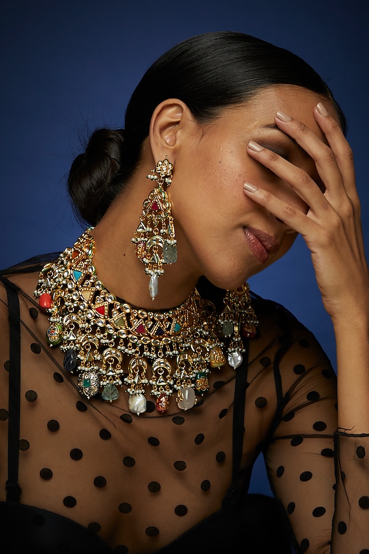Gold Finish Kundan Polki & Multi-Colored Stone Choker Necklace Set by VASTRAA Jewellery
