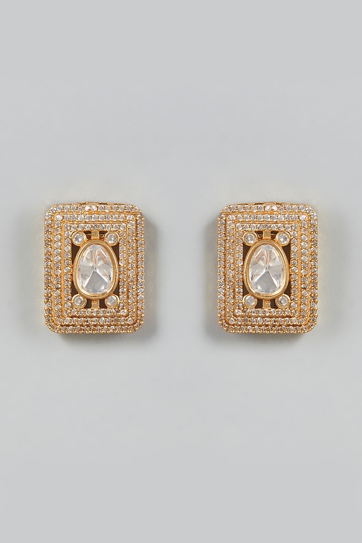 Gold Finish Pachi Kundan Polki Stud Earrings by VASTRAA Jewellery at Pernia's Pop Up Shop