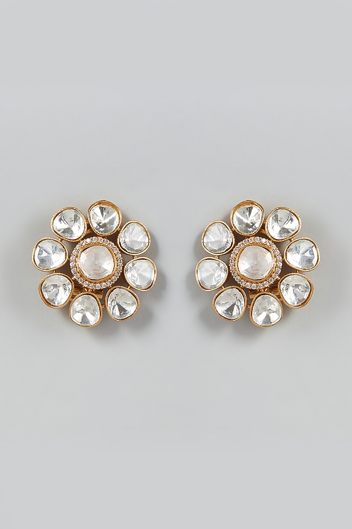 Gold Finish Pachi Kundan Polki Earrings by VASTRAA Jewellery at Pernia's Pop Up Shop