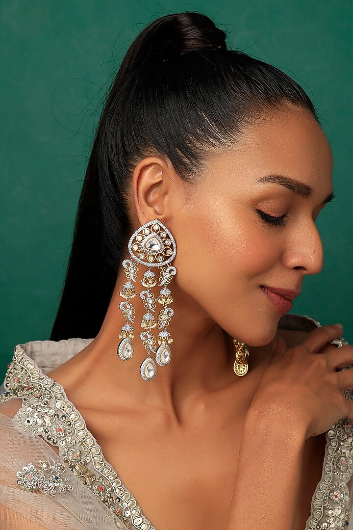 Two Tone Finish Kundan Polki Dangler Earrings by VASTRAA Jewellery at Pernia's Pop Up Shop