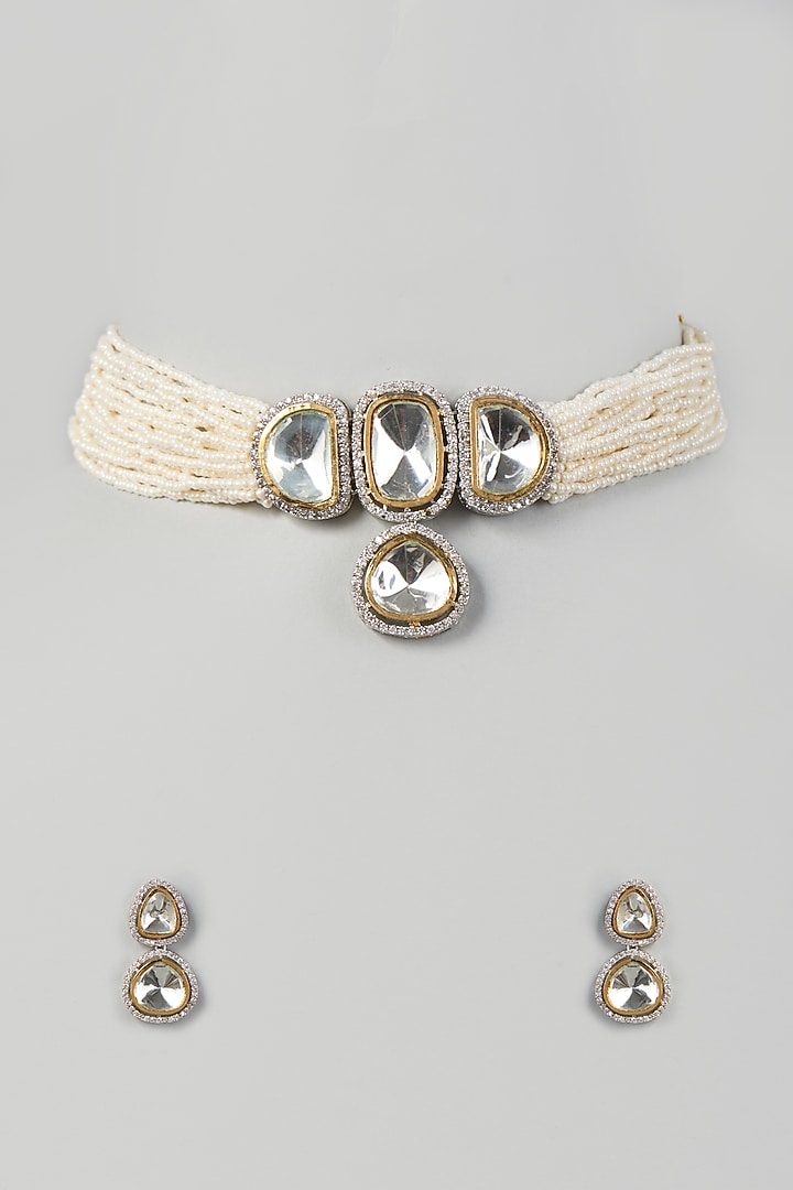 Two Tone Finish Kundan Polki & Pearl Choker Necklace Set by VASTRAA Jewellery at Pernia's Pop Up Shop
