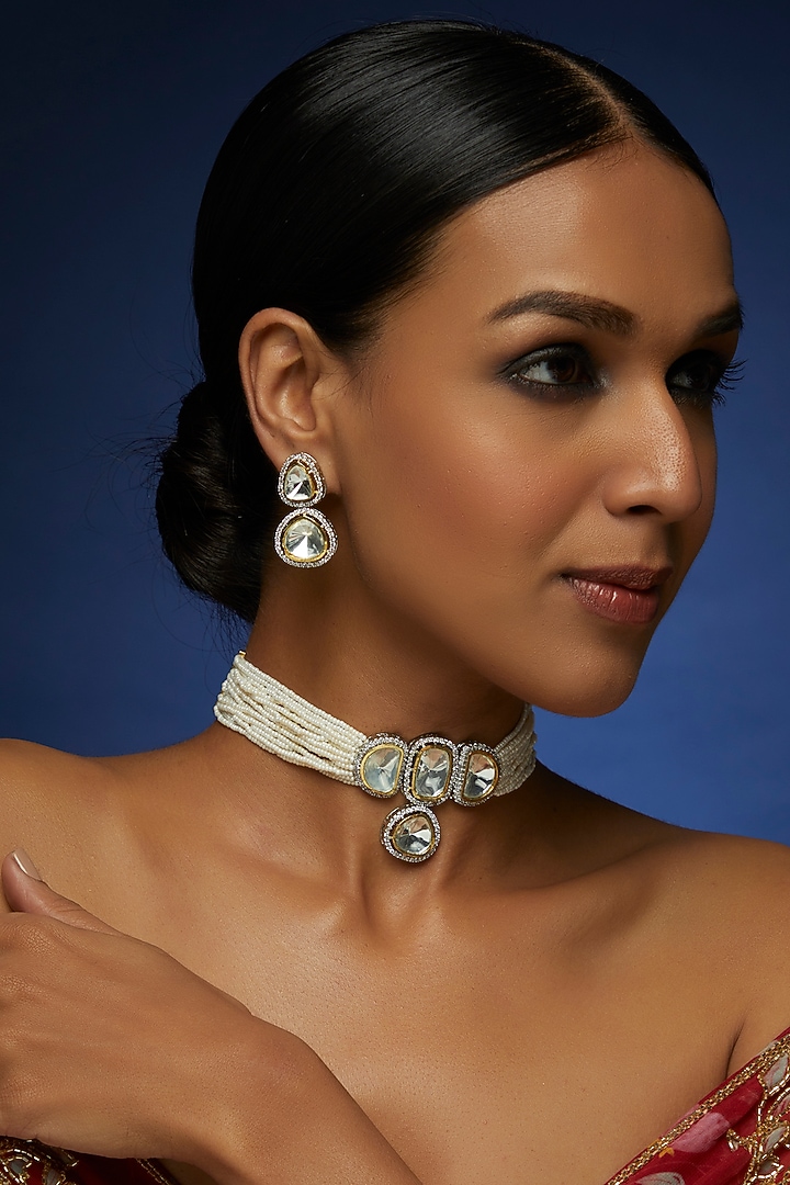 Two Tone Finish Kundan Polki & Pearl Choker Necklace Set by VASTRAA Jewellery at Pernia's Pop Up Shop
