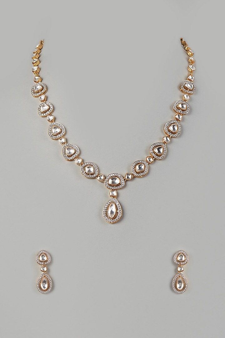 Two Tone Finish Zircon & Kundan Polki Long Necklace Set by VASTRAA Jewellery at Pernia's Pop Up Shop