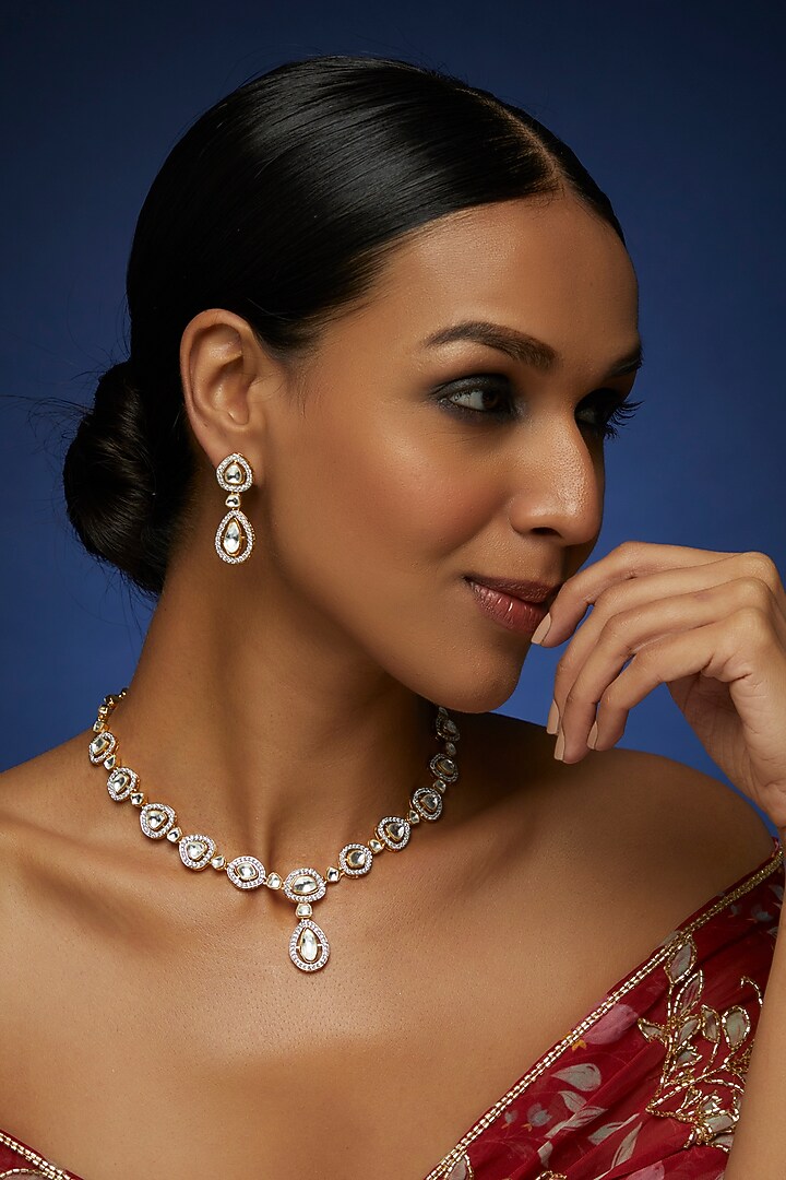 Two Tone Finish Zircon & Kundan Polki Long Necklace Set by VASTRAA Jewellery at Pernia's Pop Up Shop