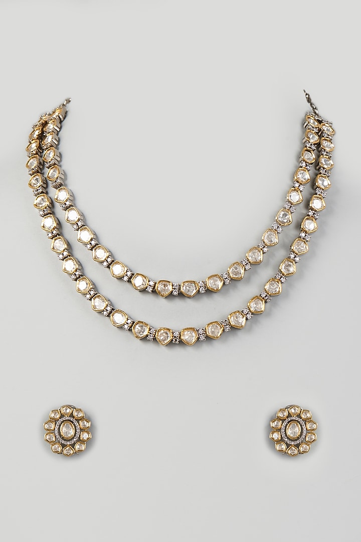 Two Tone Finish Kundan Polki & Zircon Layered Necklace Set by VASTRAA Jewellery at Pernia's Pop Up Shop