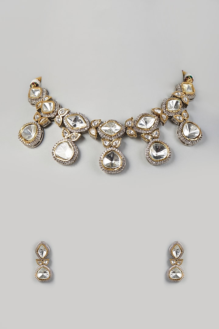 Two Tone Finish Kundan PolkI & Zircon Necklace Set by VASTRAA Jewellery at Pernia's Pop Up Shop