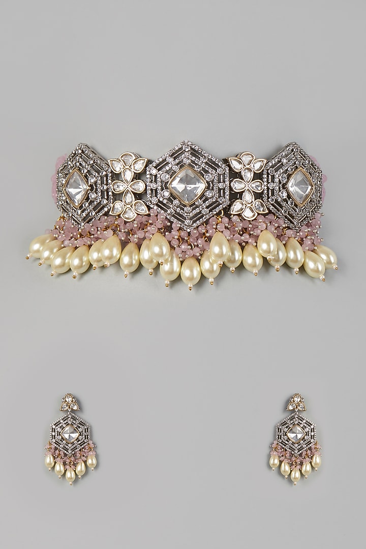 Two Tone Finish Pearl & Kundan Polki Choker Necklace Set by VASTRAA Jewellery at Pernia's Pop Up Shop