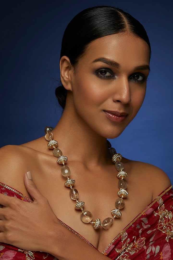 Gold Finish Kundan Polki & Quartz Mala by VASTRAA Jewellery at Pernia's Pop Up Shop