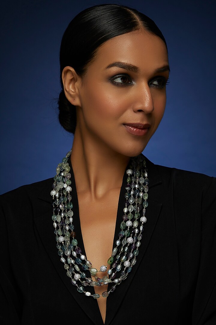 Gold Finish Pearl & Quartz Mala by VASTRAA Jewellery at Pernia's Pop Up Shop