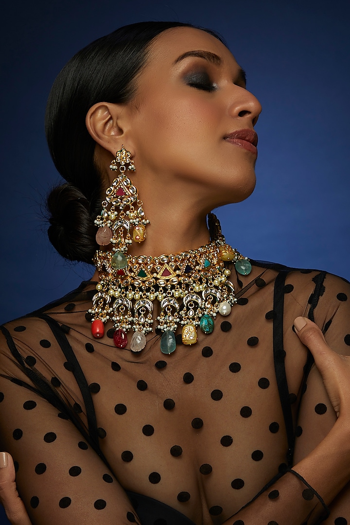 Gold Finish Multi-Colored Stone & Kundan Polki Choker Necklace Set by VASTRAA Jewellery