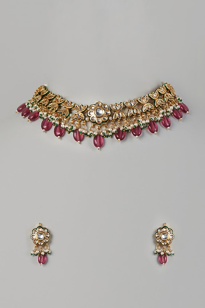 Gold Finish Kundan Polki & Red Pearl Necklace Set by VASTRAA Jewellery at Pernia's Pop Up Shop