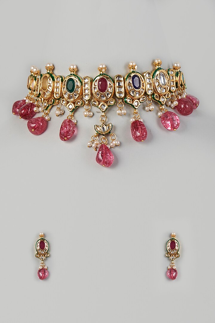 Gold Finish Multi-Colored Stone & Pearl Choker Necklace Set by VASTRAA Jewellery at Pernia's Pop Up Shop