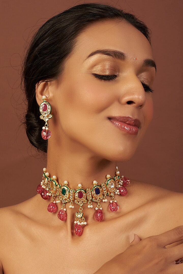 Gold Finish Multi-Colored Stone & Pearl Choker Necklace Set by VASTRAA Jewellery at Pernia's Pop Up Shop