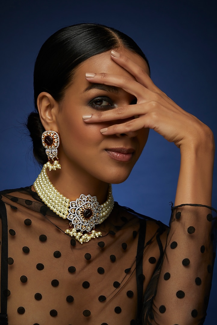 Two Tone Finish Kundan Polki & Pearl Choker Necklace Set by VASTRAA Jewellery at Pernia's Pop Up Shop