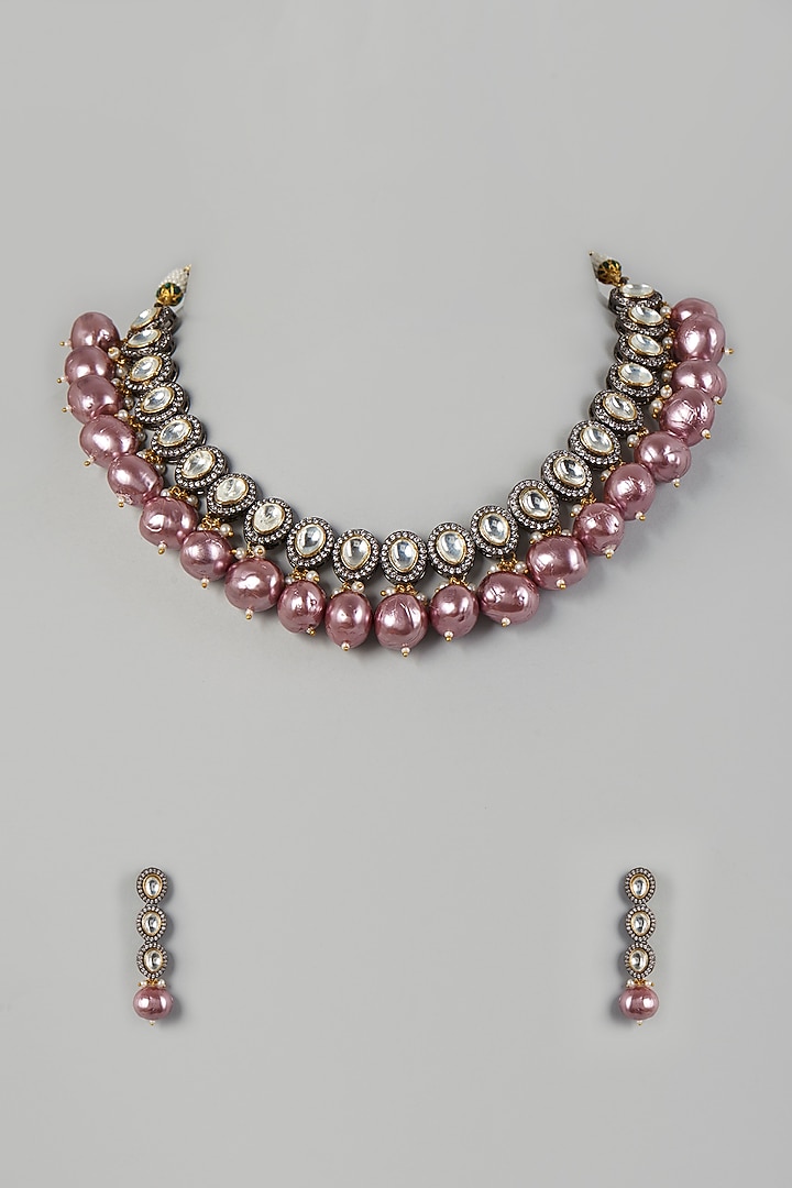 Two Tone Finish Kundan Polki & Pearl Necklace Set by VASTRAA Jewellery at Pernia's Pop Up Shop
