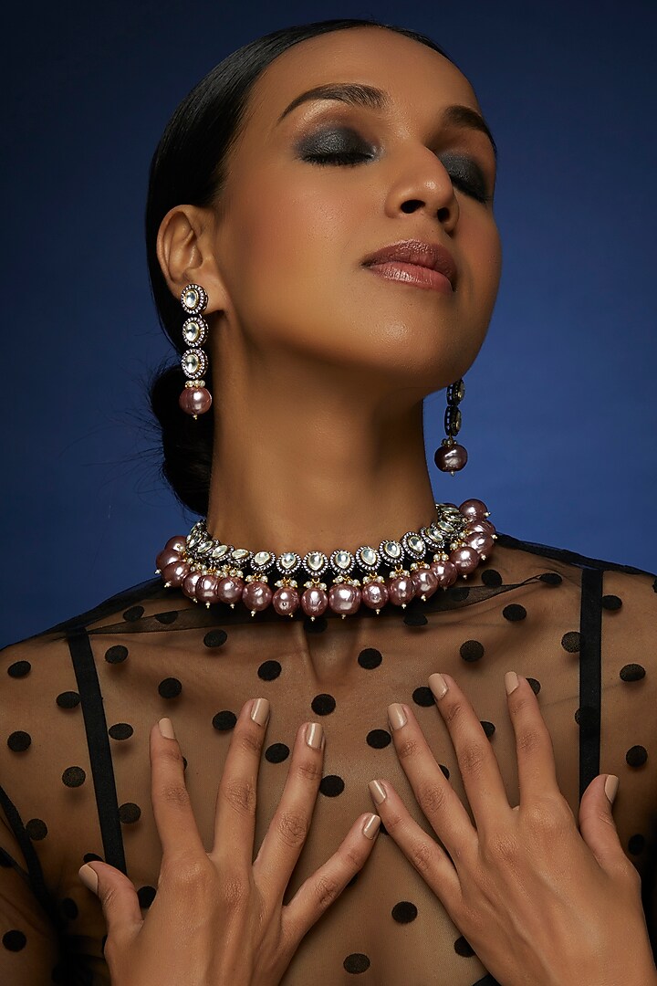 Two Tone Finish Kundan Polki & Pearl Necklace Set by VASTRAA Jewellery at Pernia's Pop Up Shop