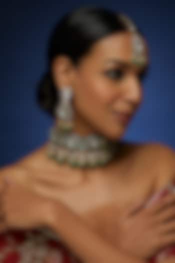 Two Tone Finish Kundan Polki & Green Beaded Choker Necklace Set by VASTRAA Jewellery at Pernia's Pop Up Shop