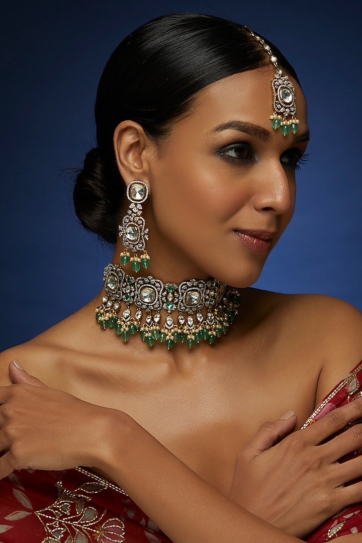 Two Tone Finish Kundan Polki & Green Beaded Choker Necklace Set by VASTRAA Jewellery at Pernia's Pop Up Shop