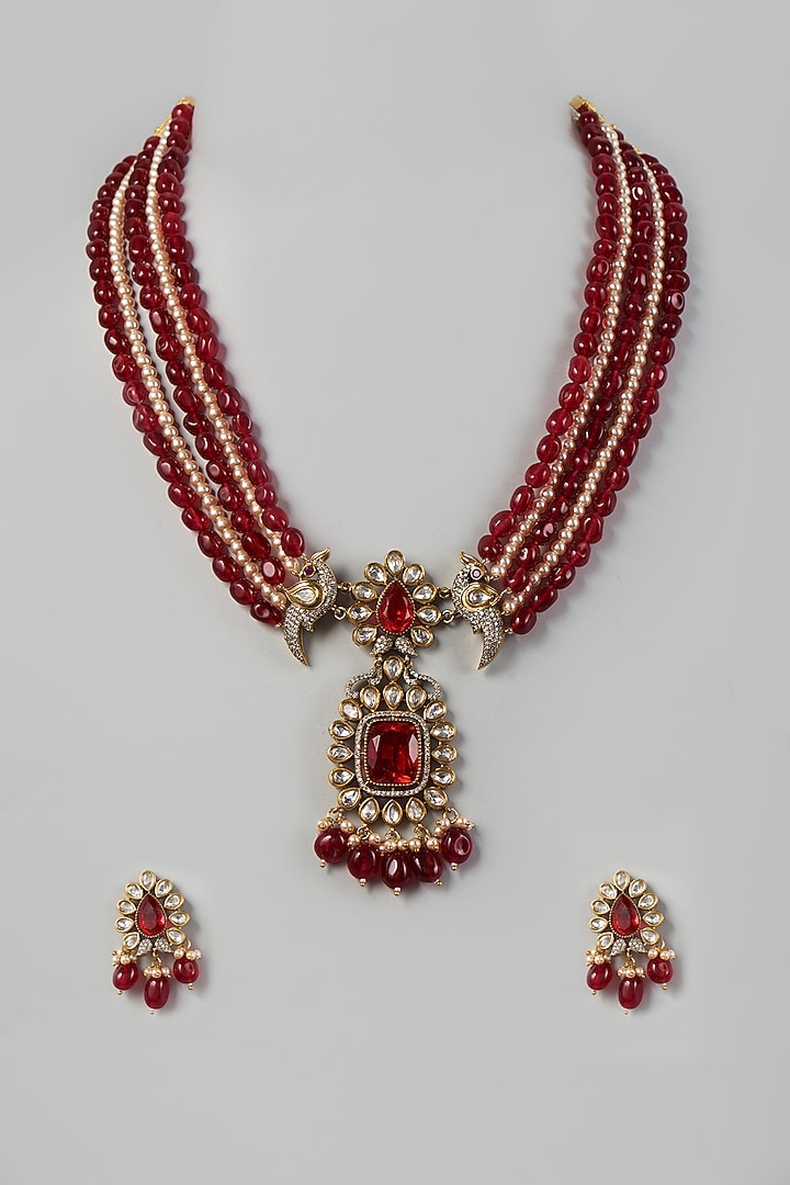 Two Tone Finish Kundan Polki & Red Stone Long Necklace Set by VASTRAA Jewellery at Pernia's Pop Up Shop